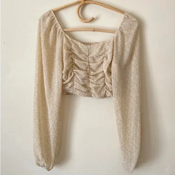 NWT Altar’d State Floral Cropped Cream Ivory Gold Blouse Top - Picture 2 of 5